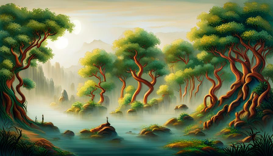 An image depicting an ancient Asian landscape, adorned with majestic ash trees. Show the trees' lush canopies, laden with vibrant green leaves, symbolizing wisdom, and their intertwining roots signifying the cycle of immortality