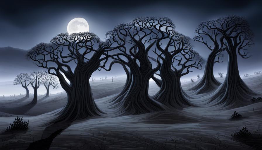 An image capturing the eerie charm of European folklore and superstitions surrounding Ash trees. Depict a moonlit forest with twisted Ash branches reaching out like skeletal fingers, cast against a backdrop of starry skies and misty shadows