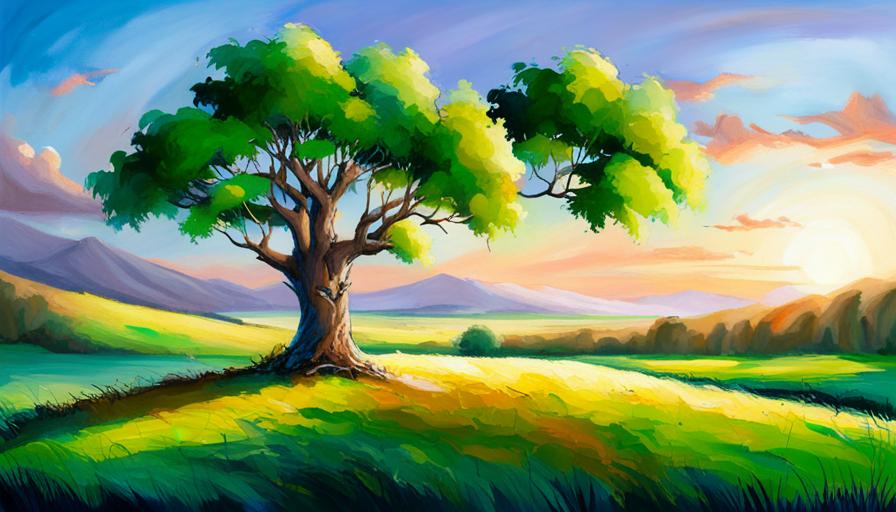 An image capturing the mystical essence of Celtic folklore by showcasing an ancient Ash tree standing tall amidst a serene, emerald-green landscape. Let the branches, adorned with vibrant leaves, emanate an aura of healing and spiritual connection