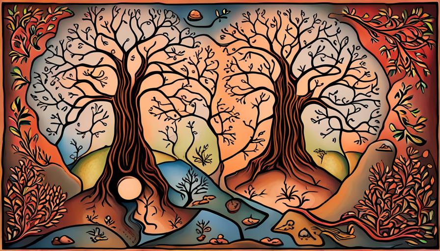 An image depicting diverse cultures united by their reverence for ash trees. Show various symbolic representations, such as intertwined branches, leaves, and unique folklore motifs, reflecting the universal significance of ash trees