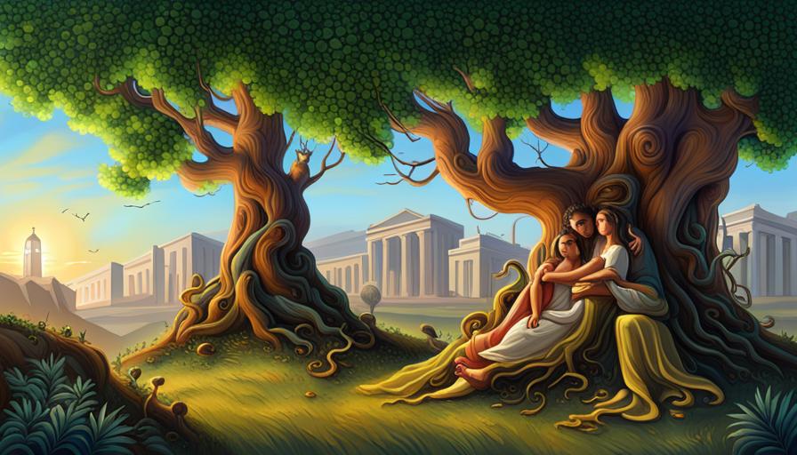 An image showcasing the fig tree's symbolic presence in art and literature. Depict an ethereal landscape, with a majestic fig tree as the centerpiece, adorned with vibrant leaves and its branches intertwined with mythical creatures and characters from famous literary works