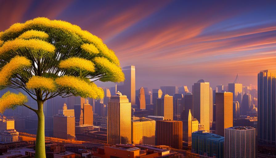 An image showcasing the ginkgo tree's modern symbolism. Depict a sleek urban landscape, with a solitary ginkgo tree standing tall amidst skyscrapers, its vibrant golden leaves swirling in the wind, evoking a sense of resilience and adaptability