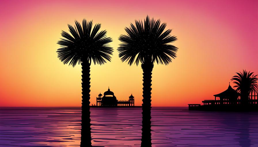An image showcasing the majestic silhouette of a date palm against a vibrant Middle Eastern sunset backdrop. Highlight the cultural significance of date palms by incorporating traditional elements like ornate architecture or intricate patterns
