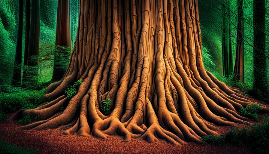 An image depicting a majestic redwood tree intertwined with intricate Celtic knotwork, evoking the rich symbolism of the ancient Celts. Let the tree's towering presence and the intricate patterns speak of rebirth, wisdom, and the interconnectedness of all things