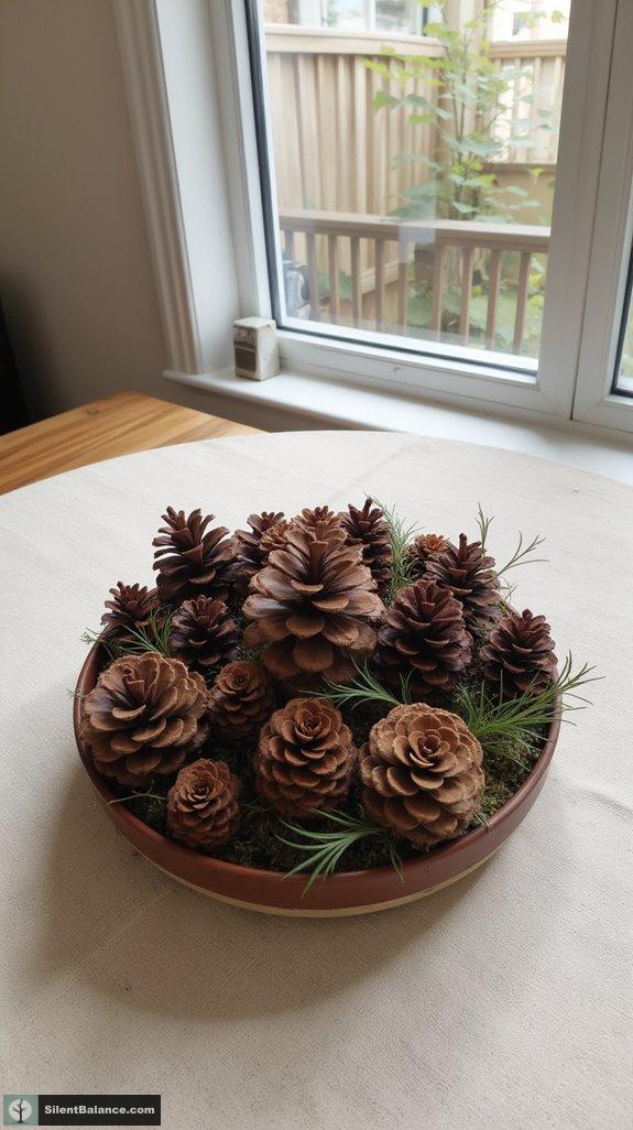 balanced pine cone arrangement