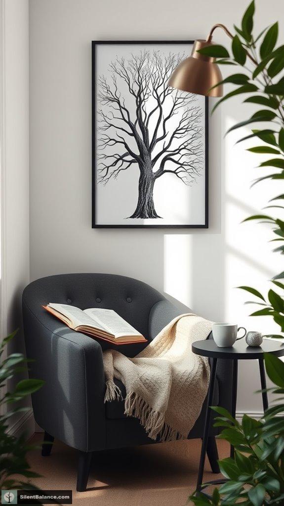 cozy nook with tree artwork