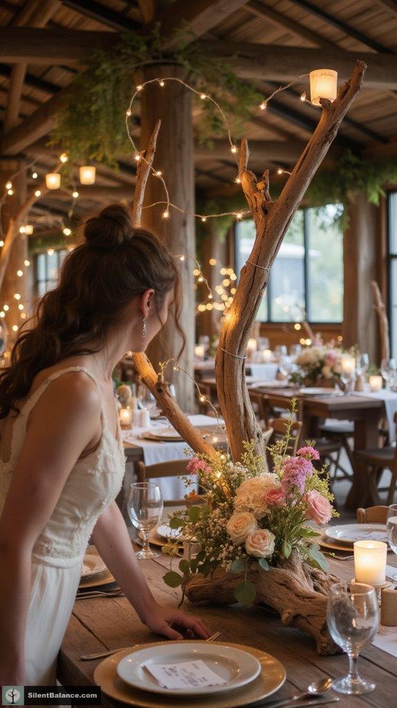 driftwood centerpiece with fairy lights