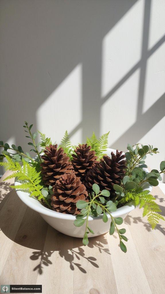 greenery enhances pine cone arrangement