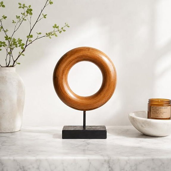 Teak Wood Donut Sculpture with Stand Handmade Decor