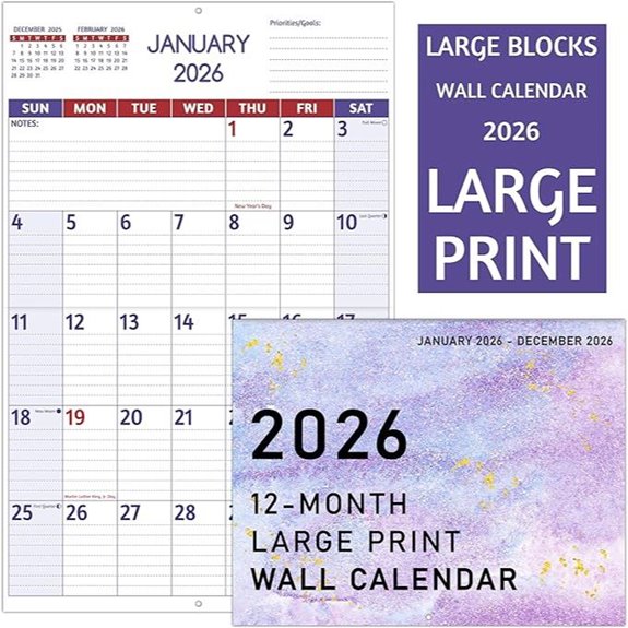2026 Wall Calendar with Large Print and Notes