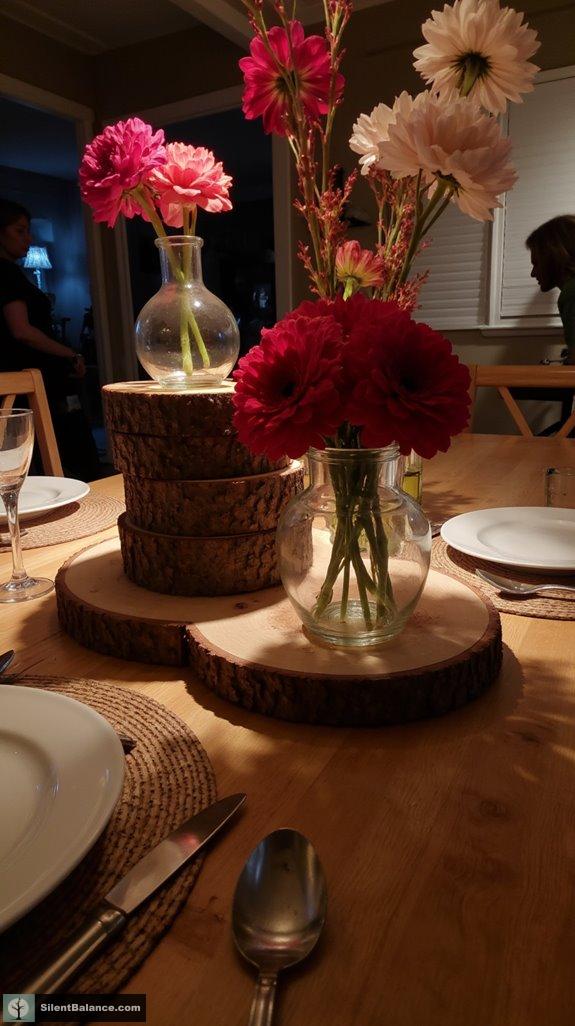 layered wood and vases