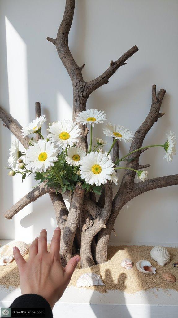monochromatic driftwood floral display