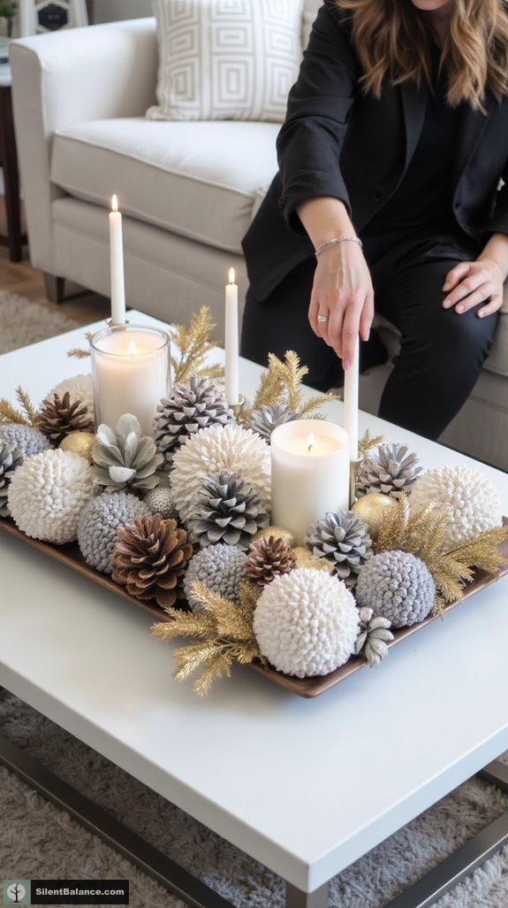 monochromatic metallic pinecone decor
