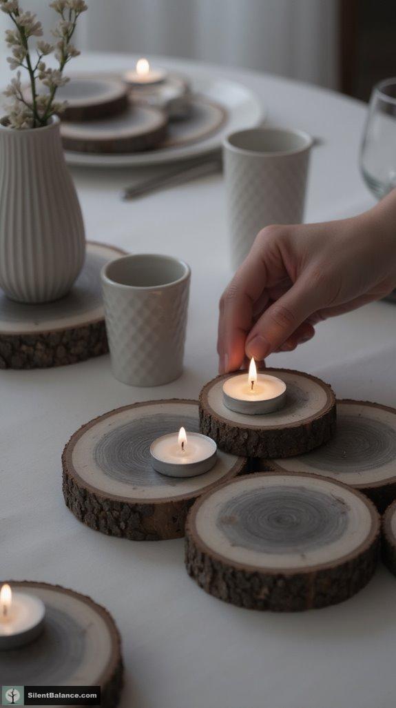 monochromatic wood slice centerpiece