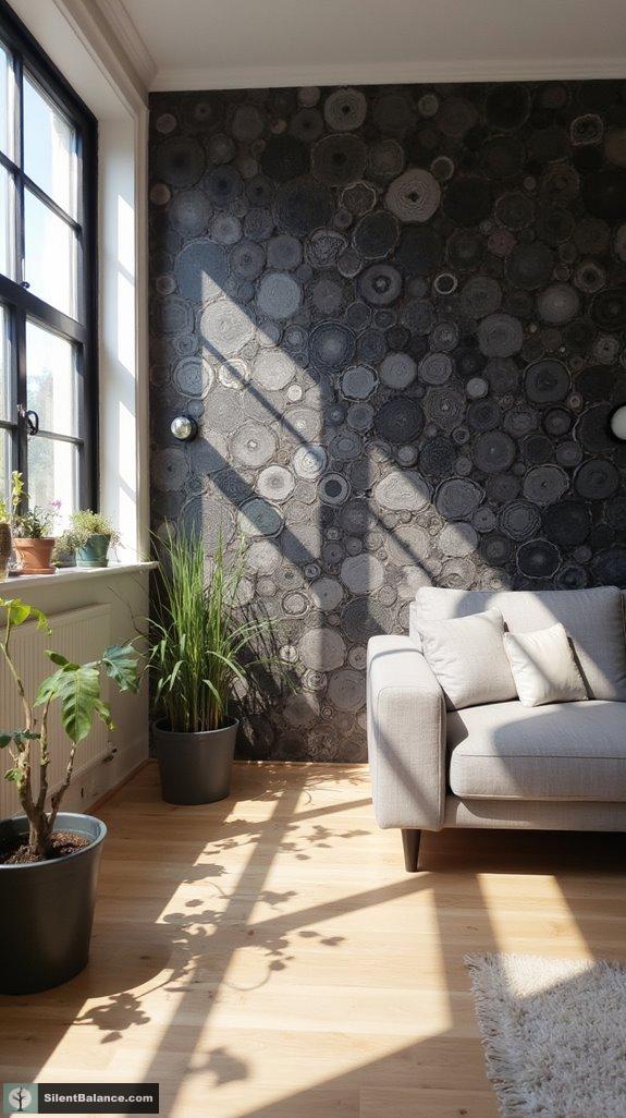 monochrome wood slice murals