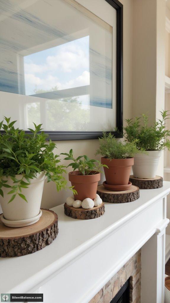 potted plants on wood slices