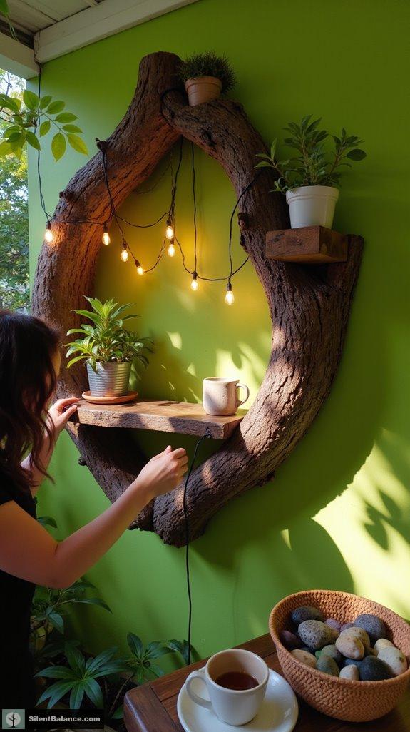 rustic tree bark shelves