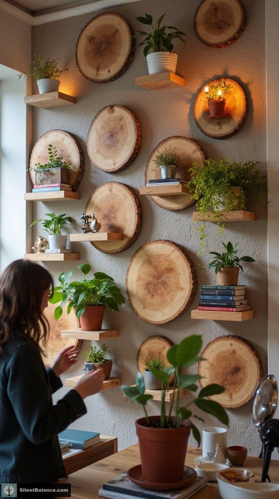 rustic wood slice shelves