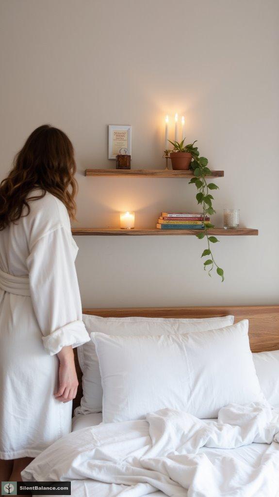 serene bedroom with floating shelves