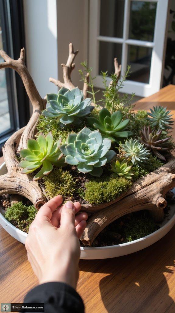 succulents enhance driftwood centerpieces