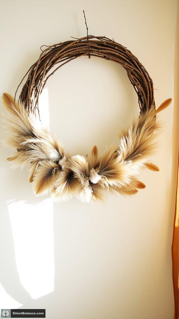 textured twig wreath with feathers