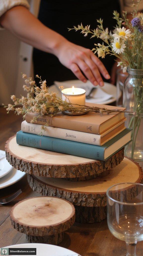 vintage books with wood slices