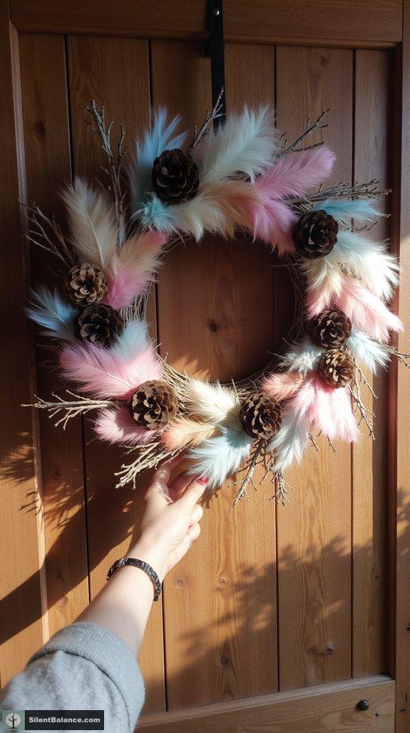 whimsical pinecone feather wreath