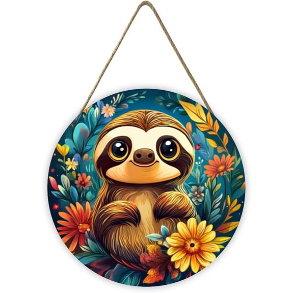 Smiling Sloth Floral Wreath Sign Wooden Nursery Decor